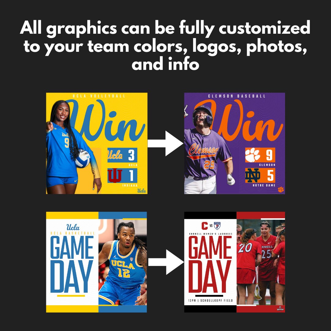 Professional Canva Sports Templates - 12 Customizable Graphics for Social Media - Gameday, Final Score, Committed, Schedule, Senior Night