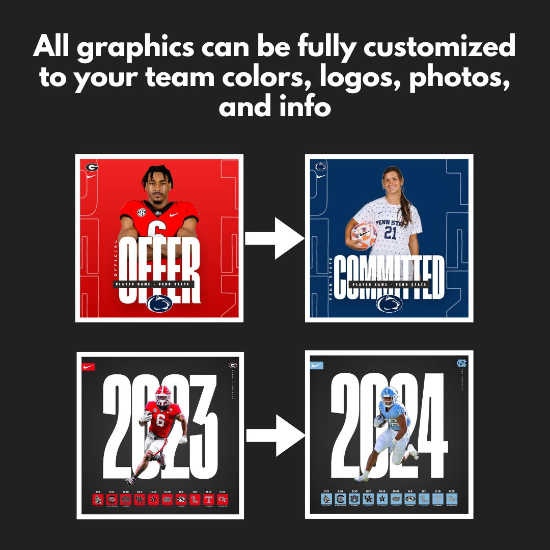 Professional Sports Team Canva Instagram Templates - 11 Graphics - Gameday, Committed, Tryouts, etc - Football, Soccer, Lacrosse, Basketball