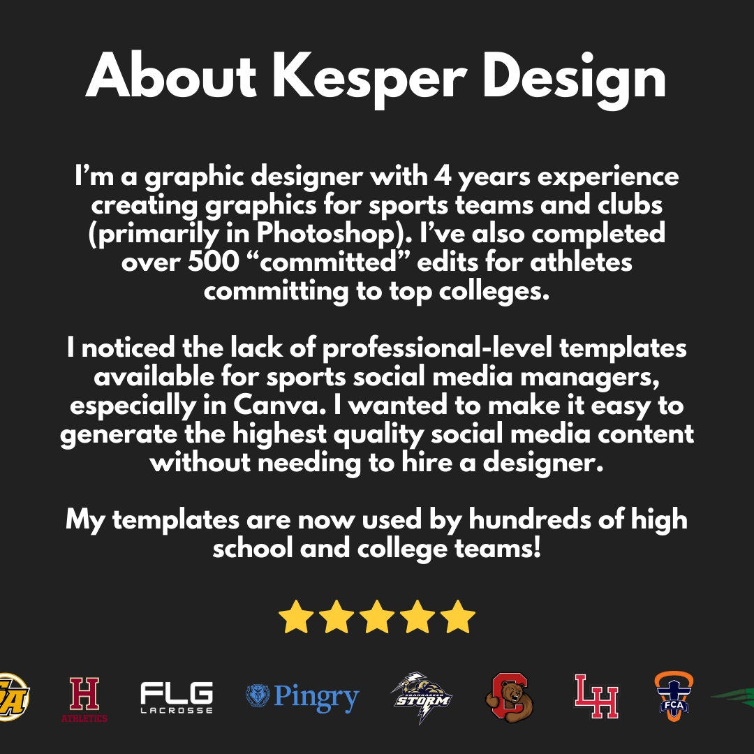 Professional Canva Sports Templates - 12 Customizable Graphics for Social Media - Gameday, Final Score, Committed, Schedule, Senior Night