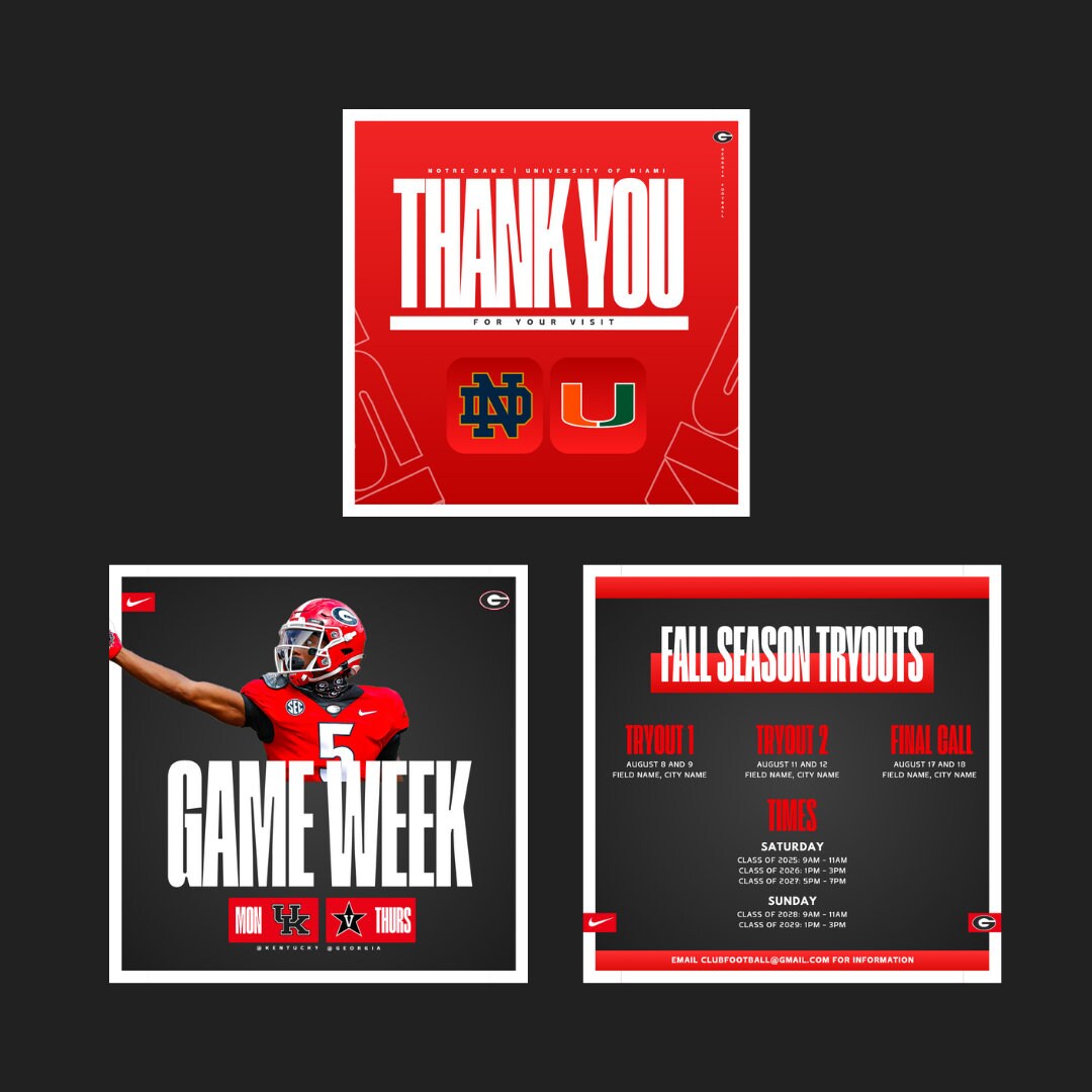 Professional Sports Team Canva Instagram Templates - 11 Graphics - Gameday, Committed, Tryouts, etc - Football, Soccer, Lacrosse, Basketball