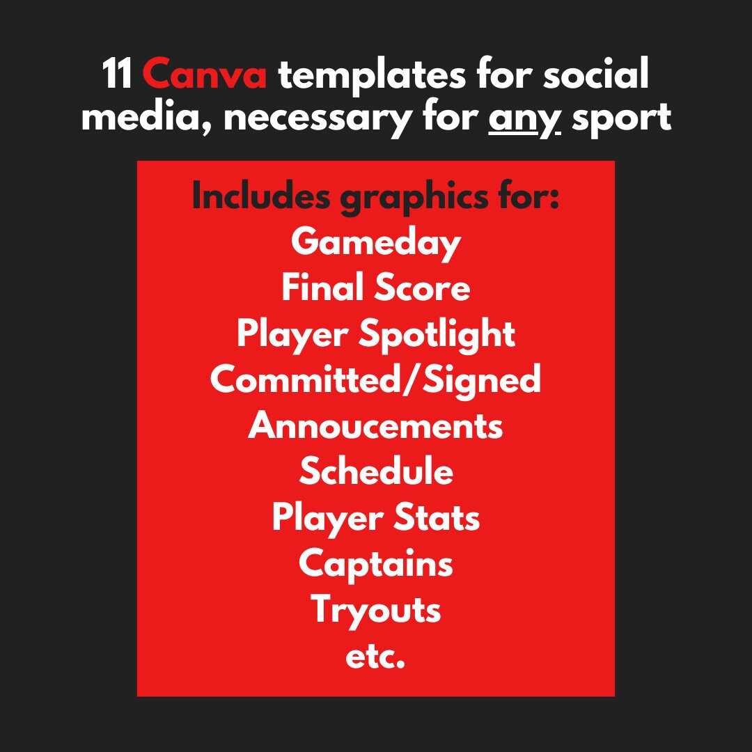 Professional Sports Team Canva Instagram Templates - 11 Graphics - Gameday, Committed, Tryouts, etc - Football, Soccer, Lacrosse, Basketball