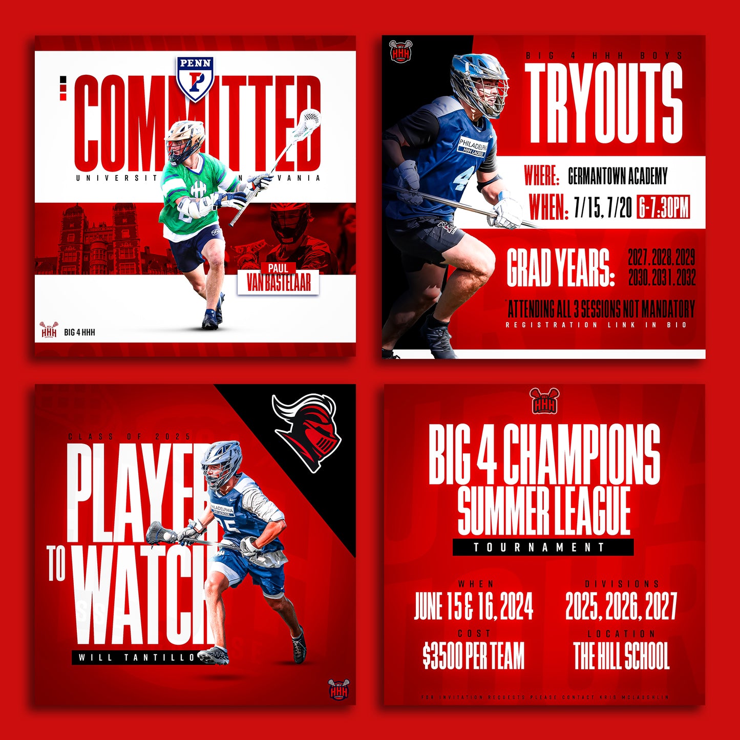 Pro-Level Photoshop Sports Social Media Templates - Committed, Tryouts, Tournament, Player Spotlight, Annoucement Poster (Red)